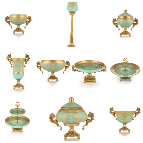 سرویس بلور طلاکوب فیروزه ای